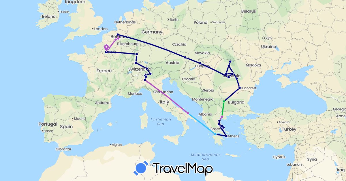TravelMap itinerary: driving, bus, train, boat in Austria, Belgium, Bulgaria, Switzerland, France, Greece, Hungary, Italy, Romania (Europe)